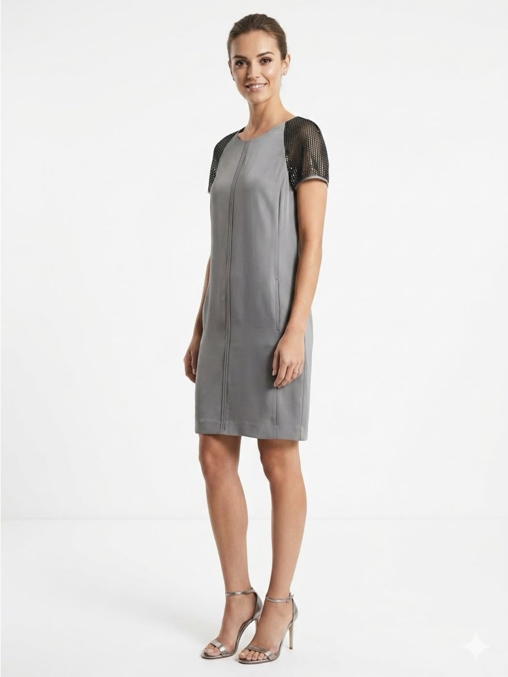 Reiss Gray Shift Dress with Black Mesh Sleeves and Pockets Size 6